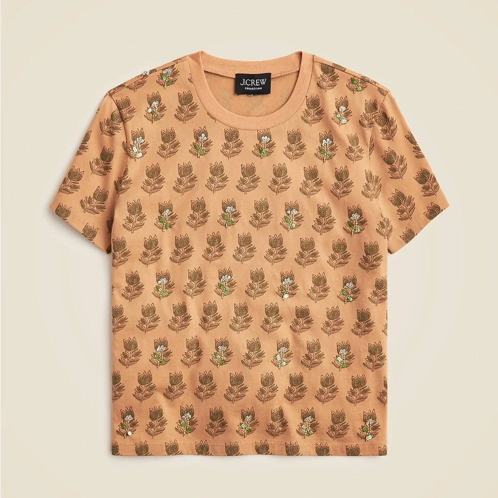 J Crew Collection embellished tonal tulip block print Jersey Top Women’s Small - Picture 2 of 8